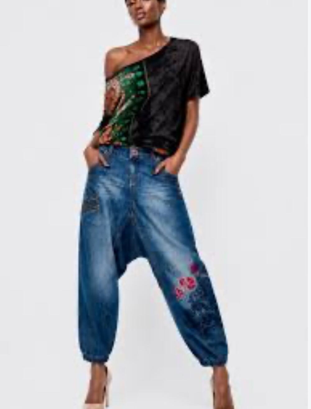 Desigual Embroidered Harem Jeans Drop Crotch 26 boho chic Skater Grunge Y2K Edgy